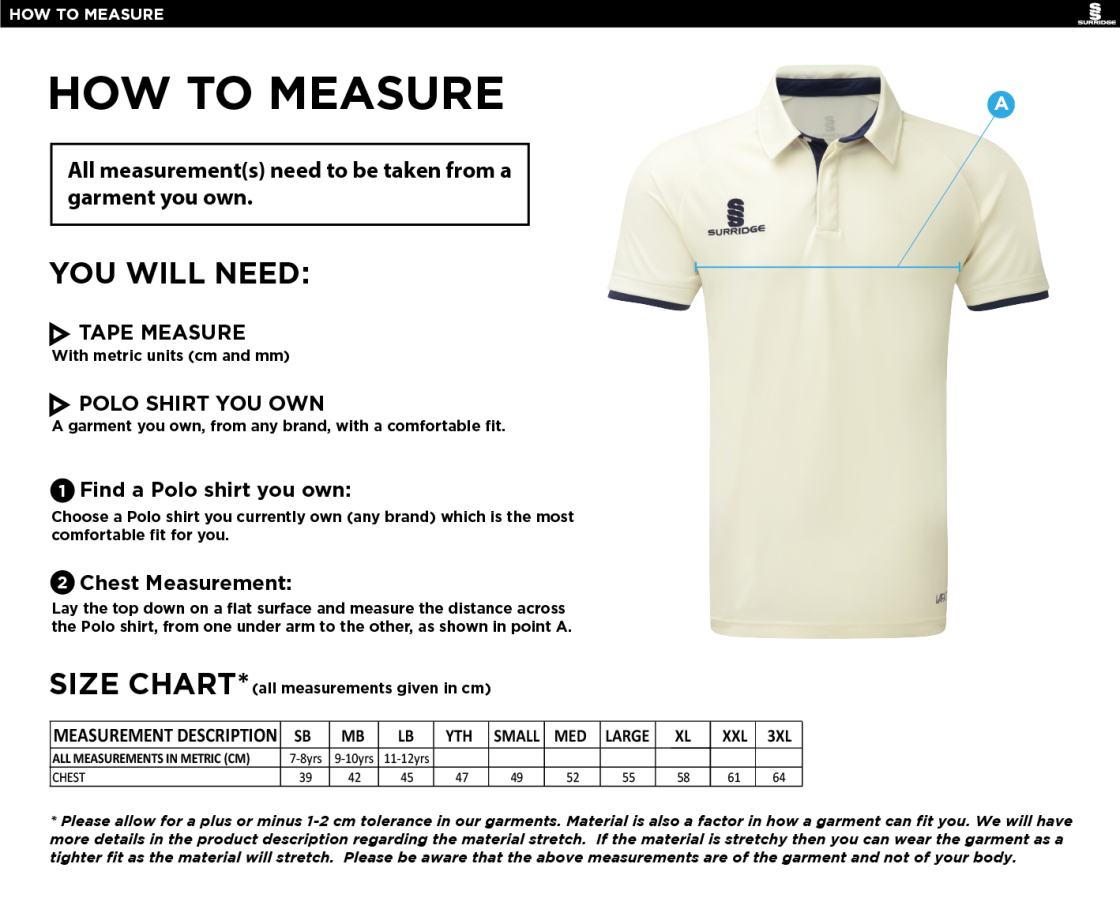 THGCC - Cricket Tek S/S Cricket Shirt - Size Guide