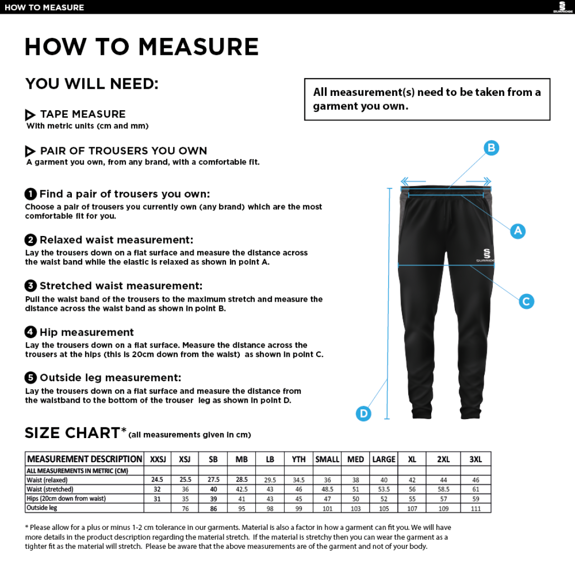 THGCC - Tek Slim Training Pants - Size Guide
