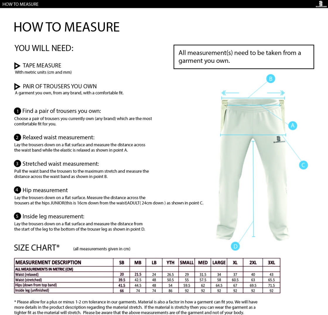 THGCC - Standard Playing Pant - Size Guide
