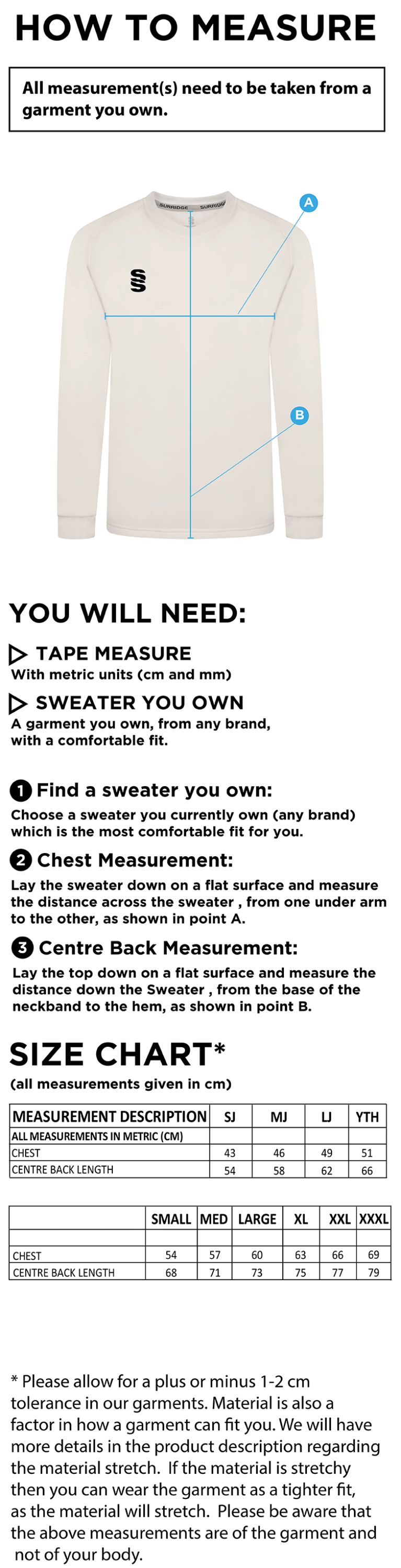 THGCC - Blast Long Sleeve Cricket Sweater - Size Guide