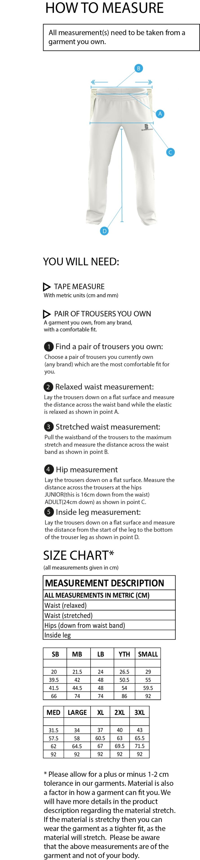 THGCC - Standard Playing Pant - Size Guide