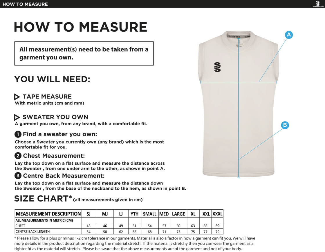 THGCC - Blast Sleeveless Cricket Sweater - Size Guide