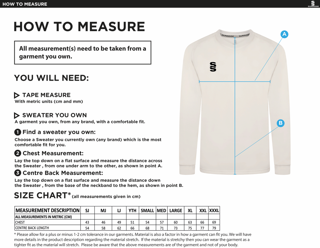 THGCC - Blast Long Sleeve Cricket Sweater - Size Guide