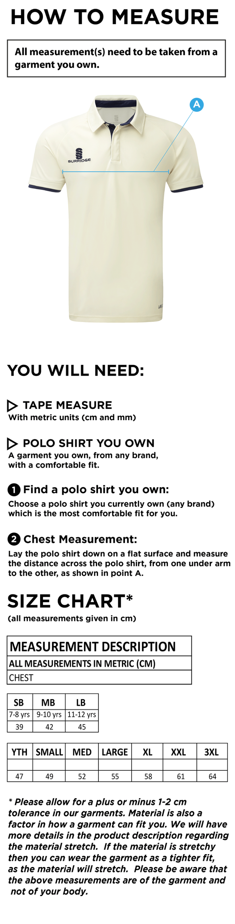 THGCC - Cricket Tek S/S Cricket Shirt - Size Guide