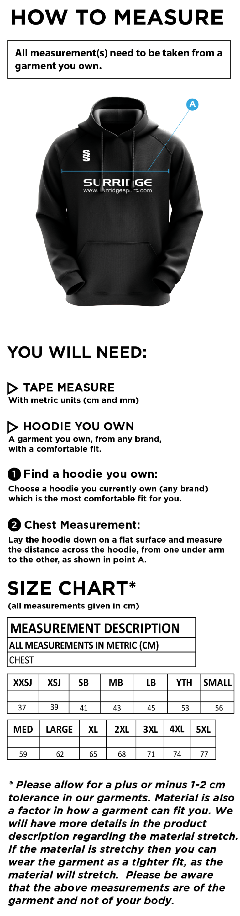 THGCC - Fuse Overhead Hoody - Size Guide
