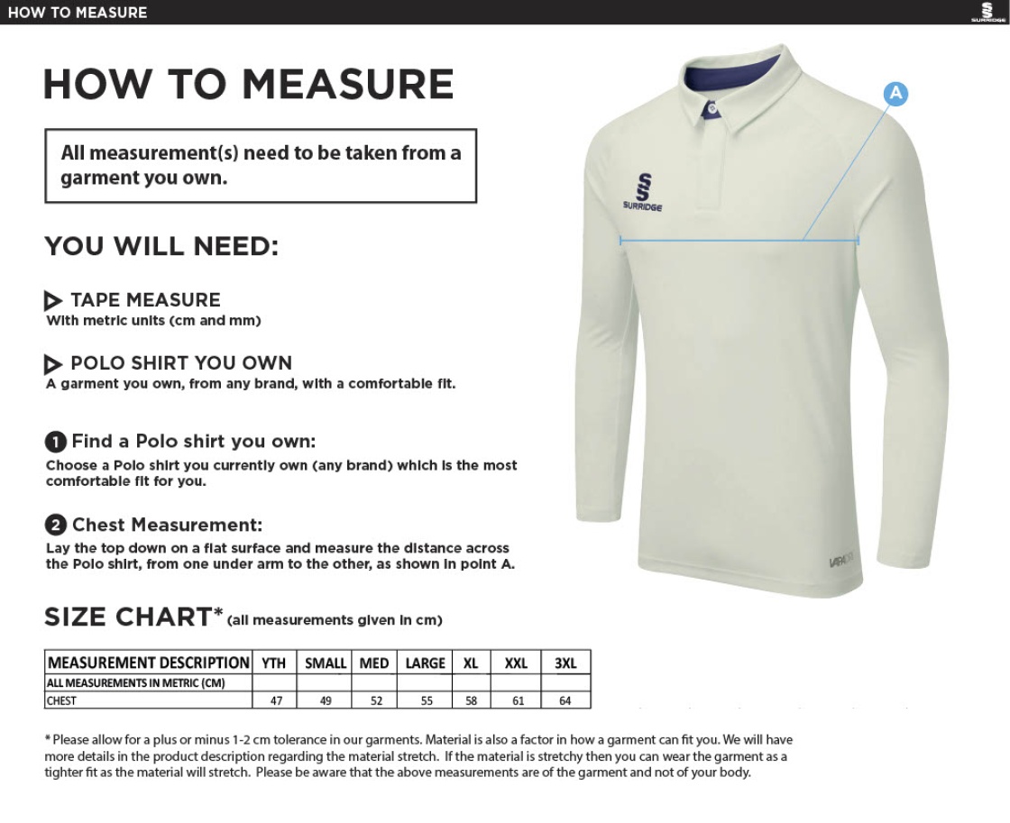 THGCC - Cricket Tek L/S Cricket Shirt - Size Guide