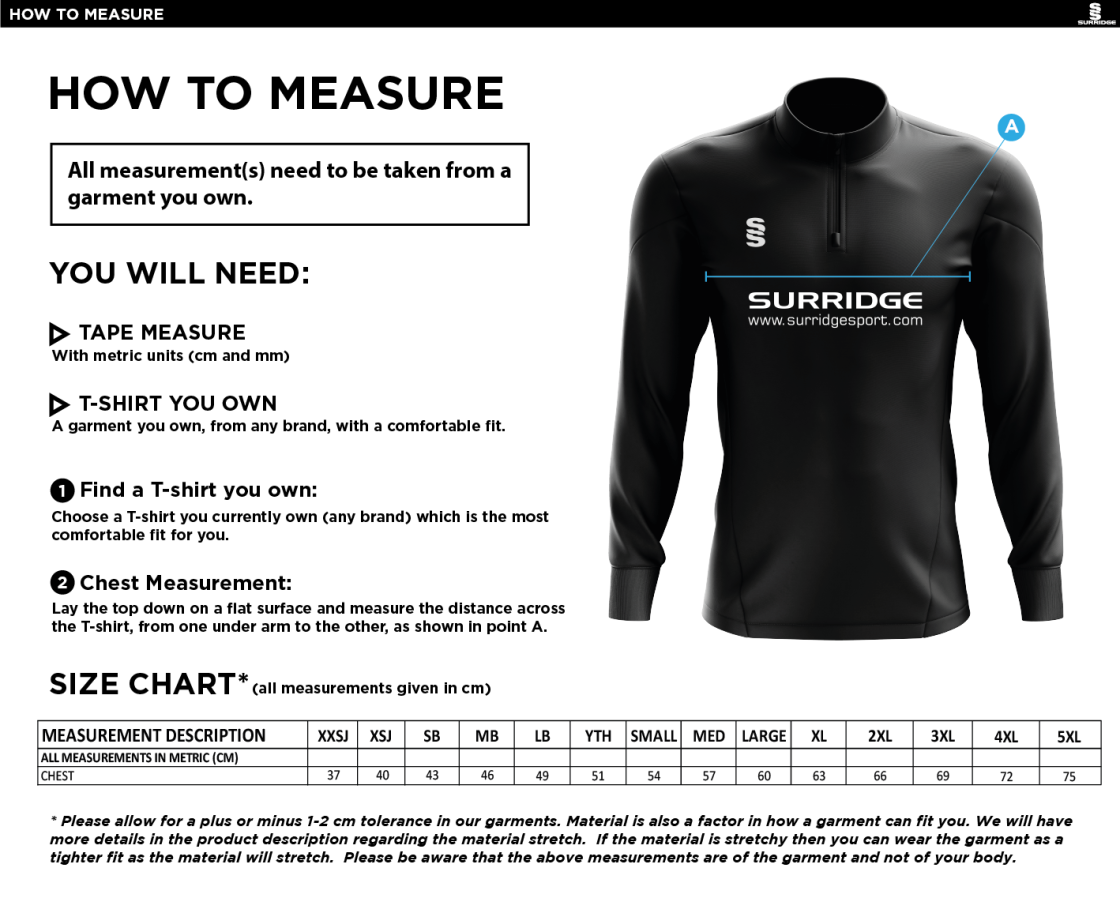 THGCC - 1/4 Zip Dual Performance Top - Size Guide