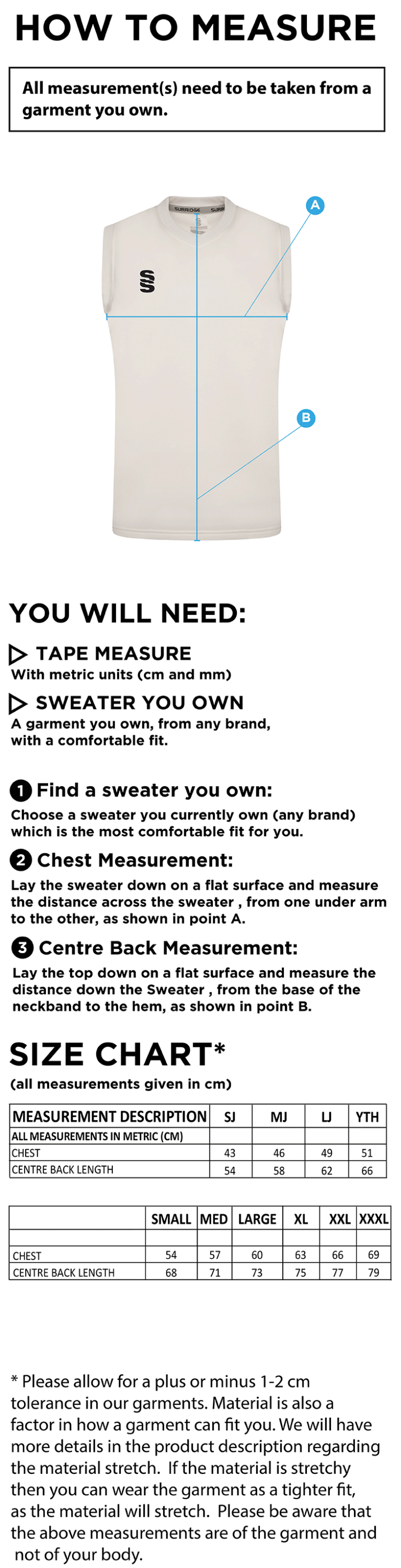 THGCC - Blast Sleeveless Cricket Sweater - Size Guide