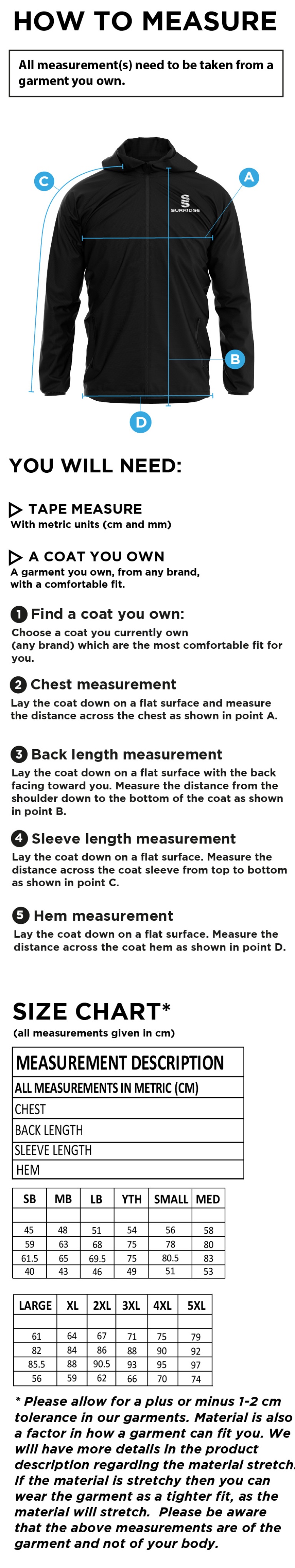 THGCC - Dual Full Zip Training Jacket - Size Guide