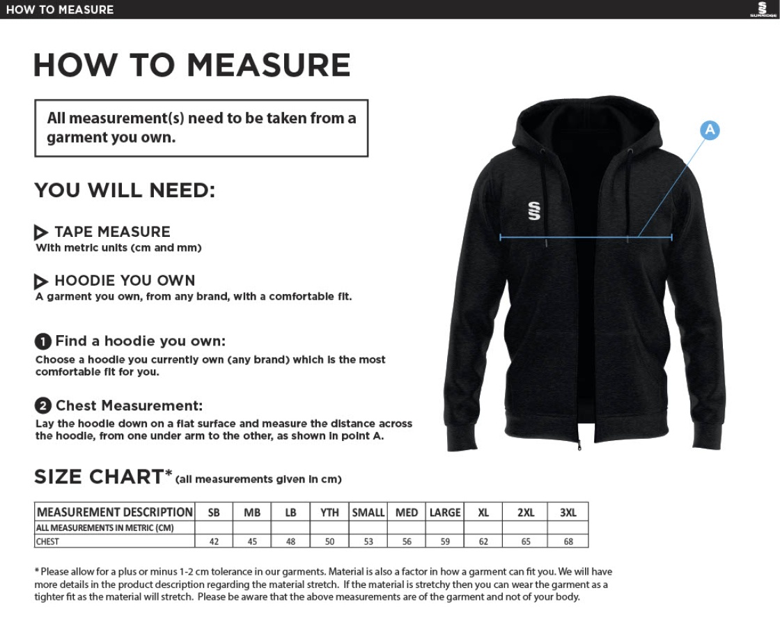 THGCC - Dual Full Zip Hoody - Size Guide