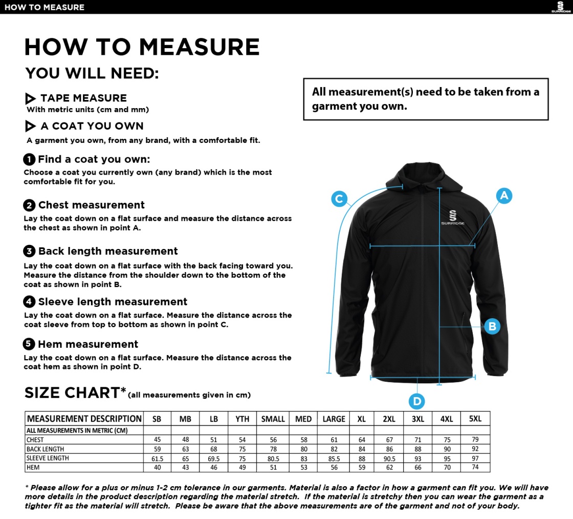 THGCC - Dual Full Zip Training Jacket - Size Guide