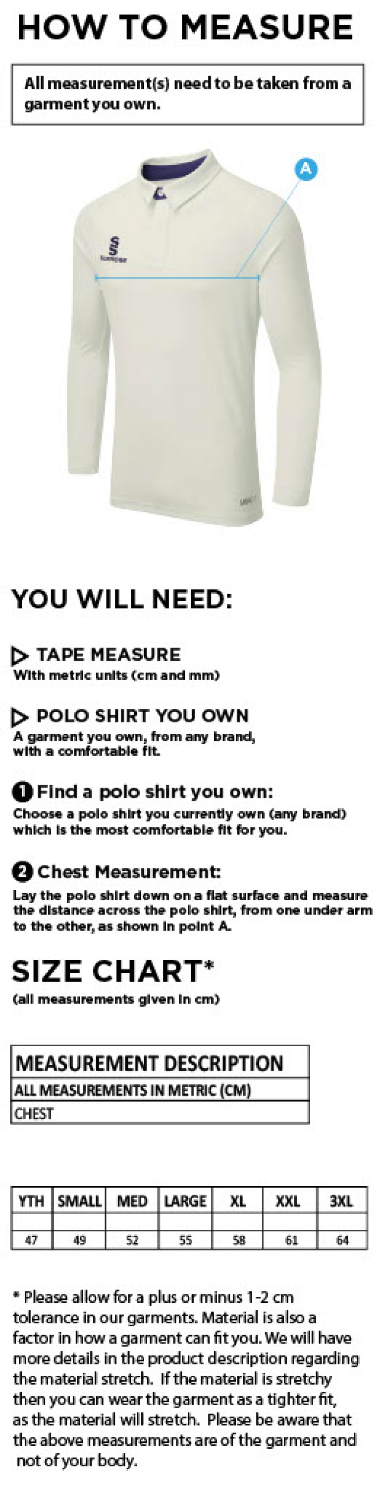 THGCC - Cricket Tek L/S Cricket Shirt - Size Guide