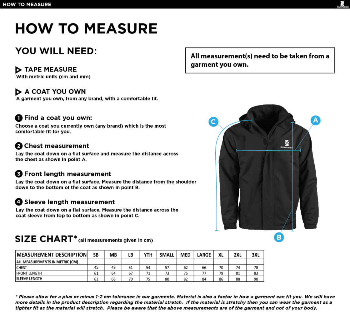 THGCC - Fleeced Line Jacket - Size Guide
