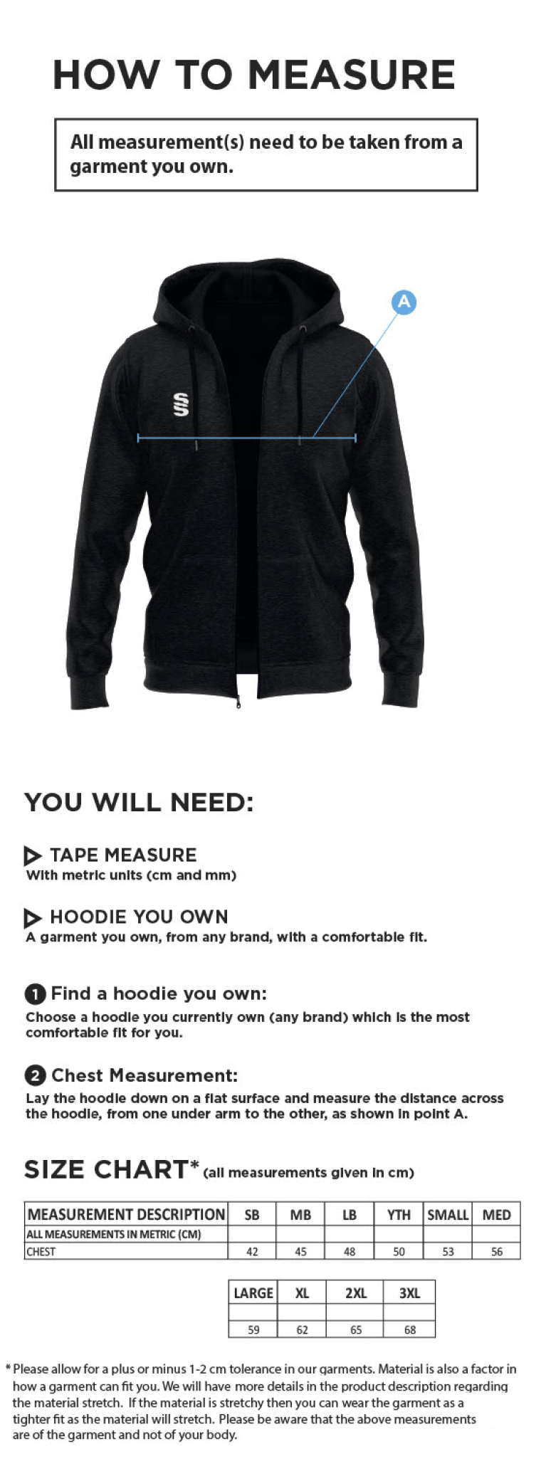 THGCC - Dual Full Zip Hoody - Size Guide