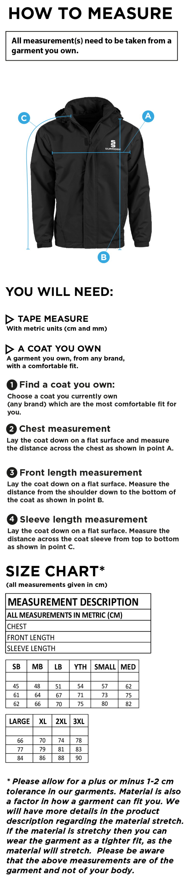 THGCC - Fleeced Line Jacket - Size Guide